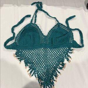 Island Planet Teal Crochet Halter Top with Shell Accents